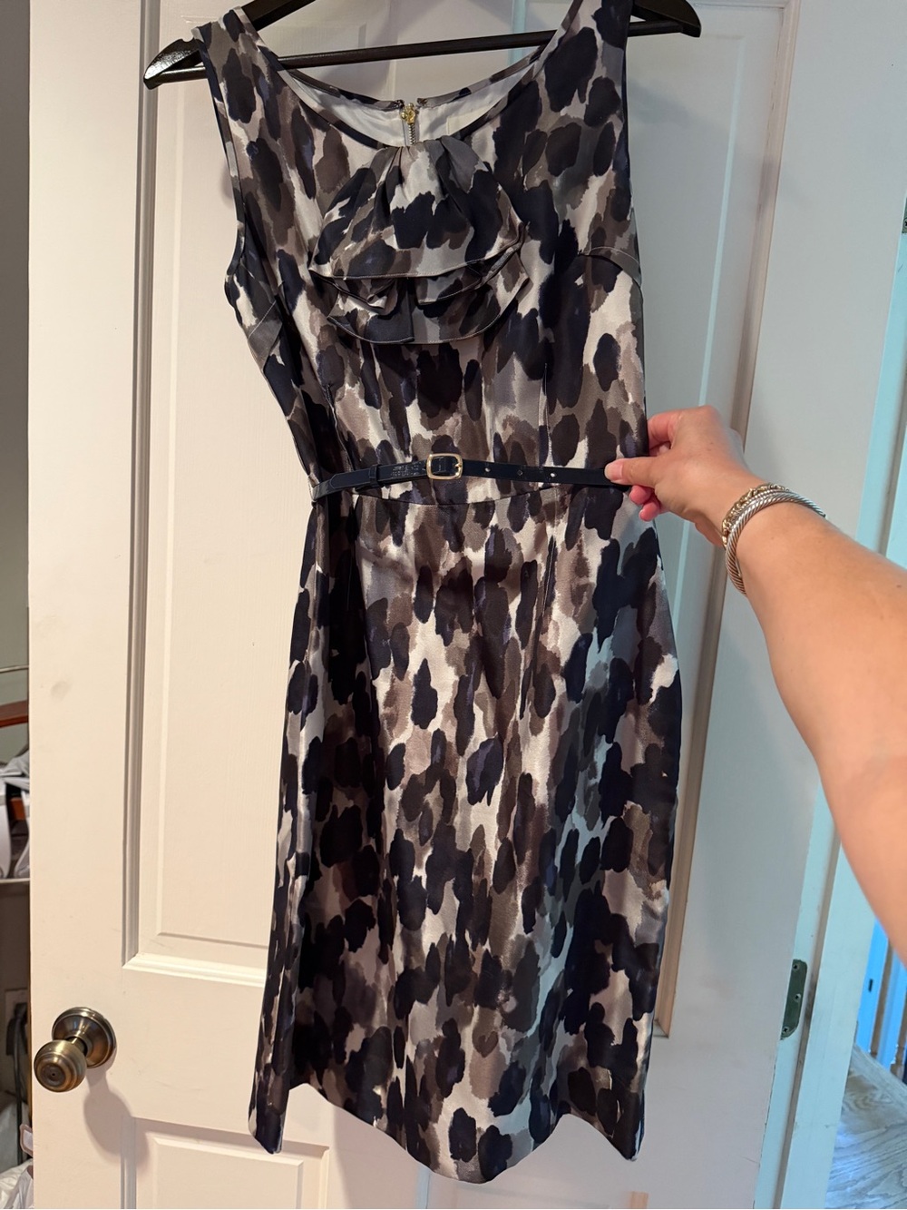 Kate Spade Silk Sleeveless Black & Gray Printed Belted Dress